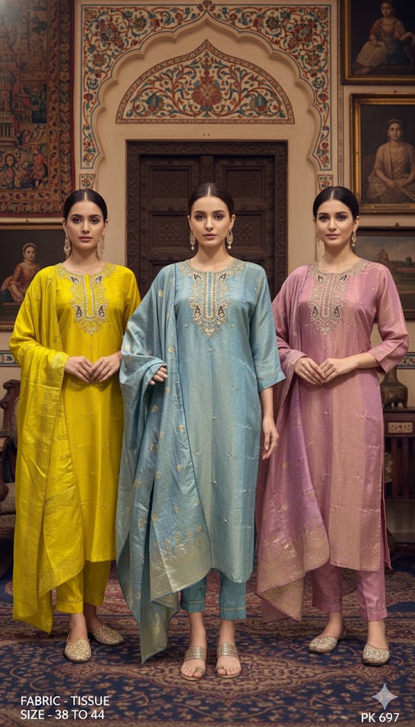 Paisley Embroidered Tissue Kurta Pant Set with Dupatta