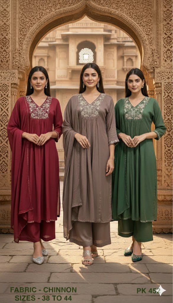 Embroidered Chinon Alia-Cut Kurta Set with Dupatta