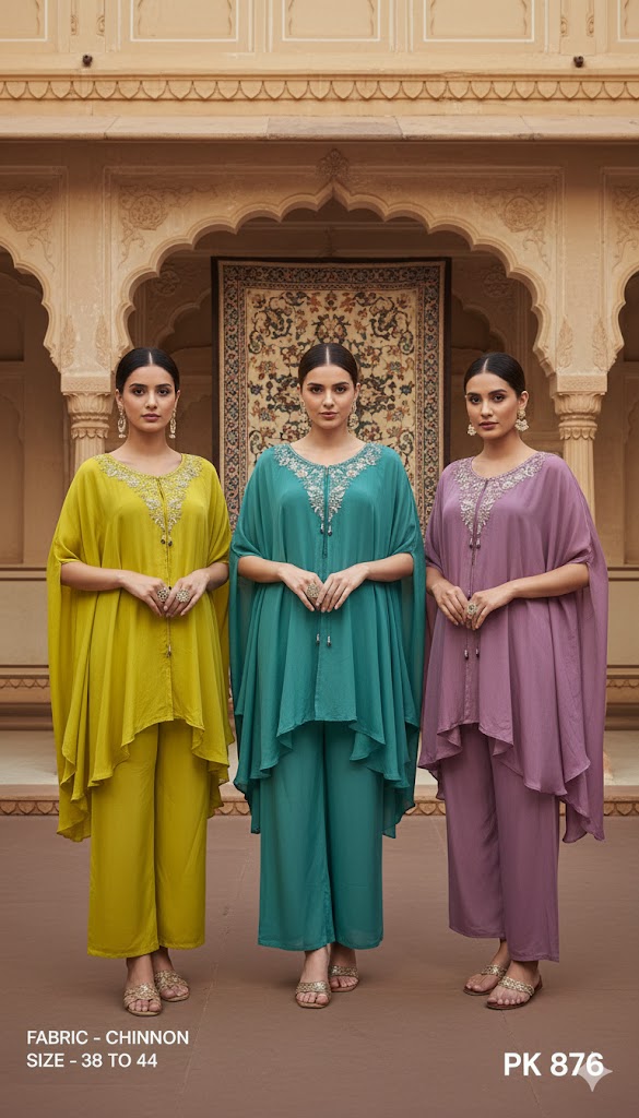 Embroidered Chinon Asymmetric Cape Tunic Set with Pants