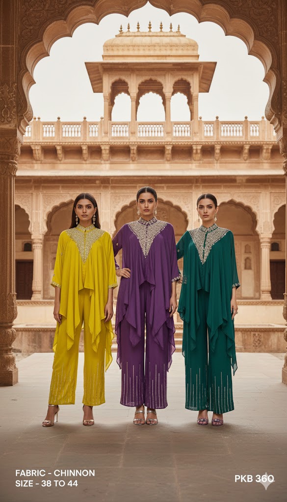 Embroidered Chinon Asymmetric Cape Tunic Set with Palazzo