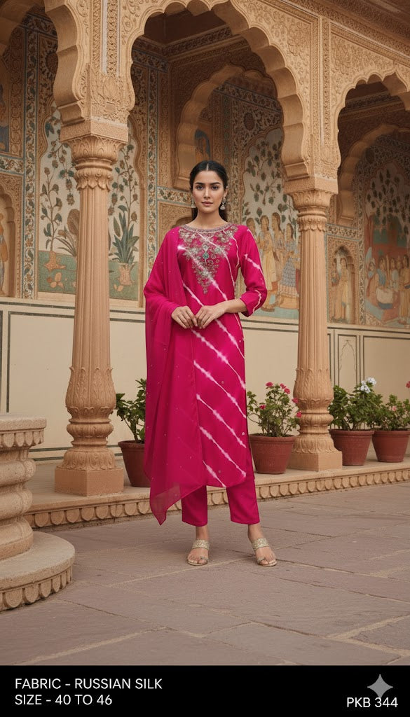 Embroidered Russian Silk Kurta Pant Set with Dupatta