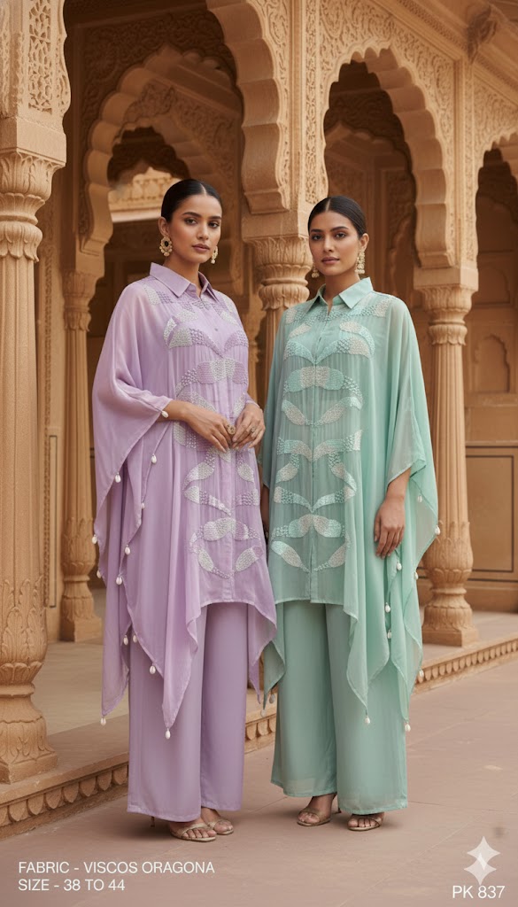 Embroidered Organza Asymmetric Kaftan Tunic Set with Palazzo