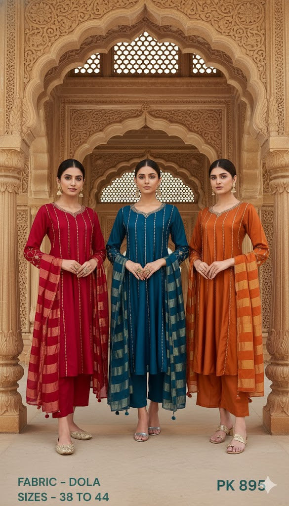 Embroidered Dola Silk A-Line Kurta Set with Striped Dupatta