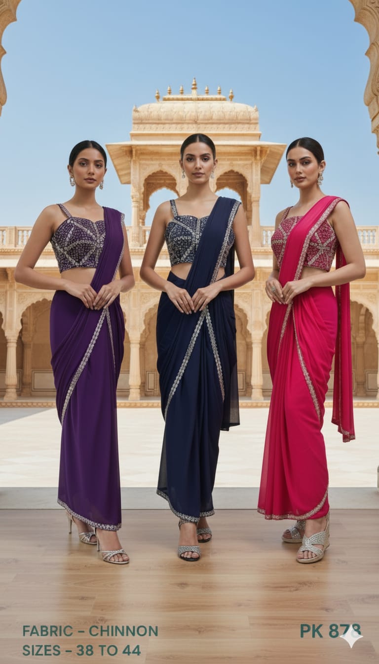 Embroidered Chinon Ready-to-Wear Saree with Blouse