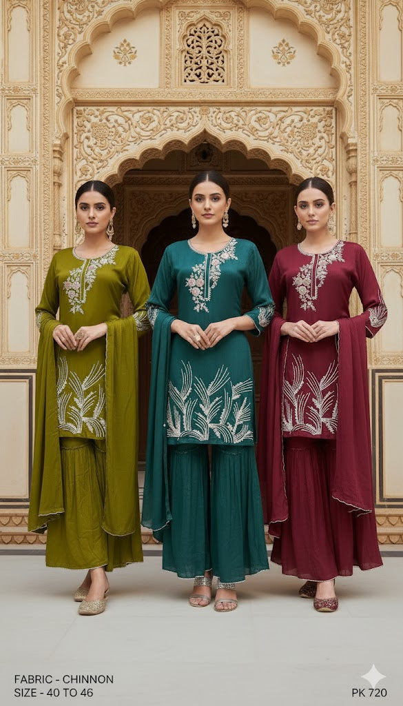 Embroidered Chinon Kurta Sharara Set with Dupatta
