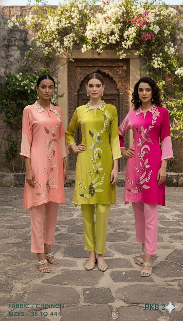 Leaf Embroidered Chinon Collared Kurti Set with Pants