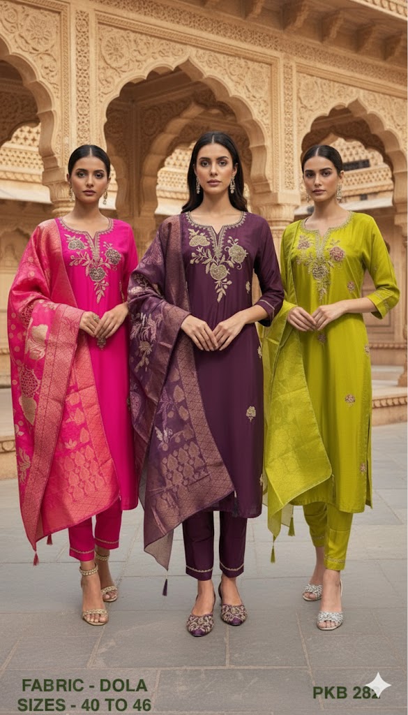 Embroidered Dola Silk Kurta Set with Woven Dupatta