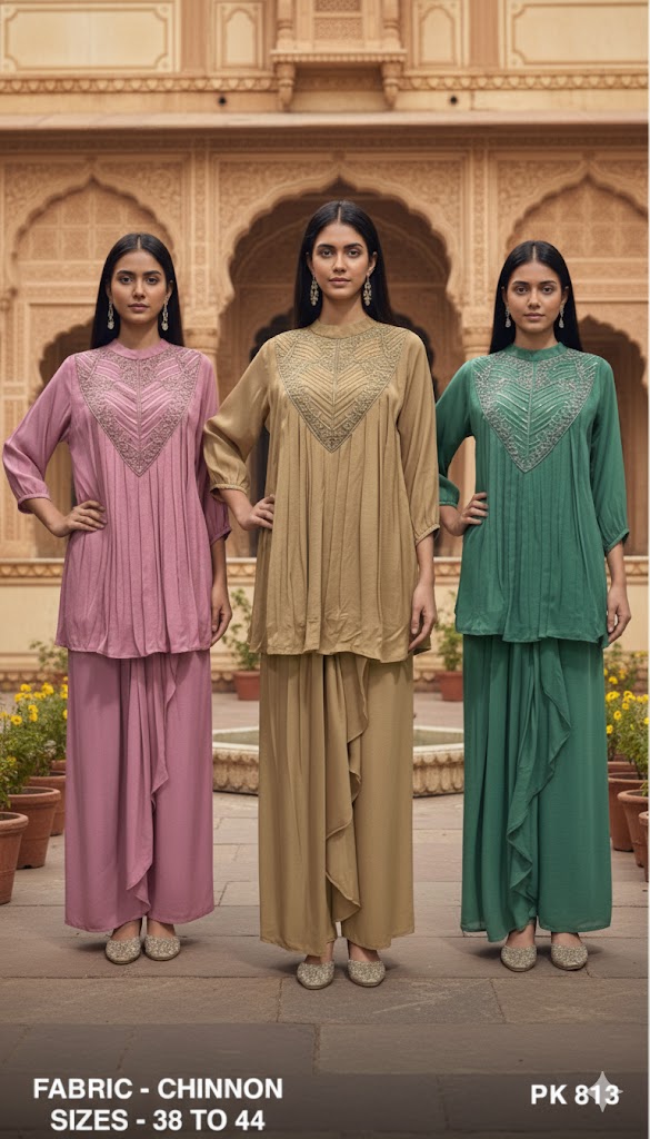 Embroidered Chinon Peplum Tunic Set with Dhoti Palazzo