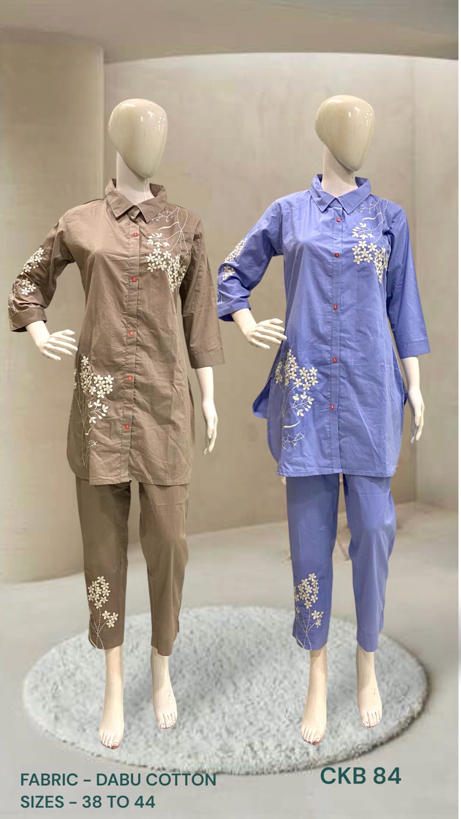 Floral Embroidered Cotton Collared Kurta Pant Set