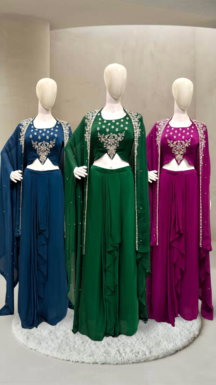 Embroidered Crop Top Draped Palazzo Set with Sheer Cape