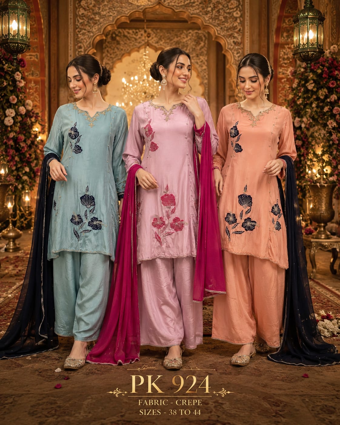 Floral Embroidered Crepe Short Kurta Palazzo Set with Dupatta