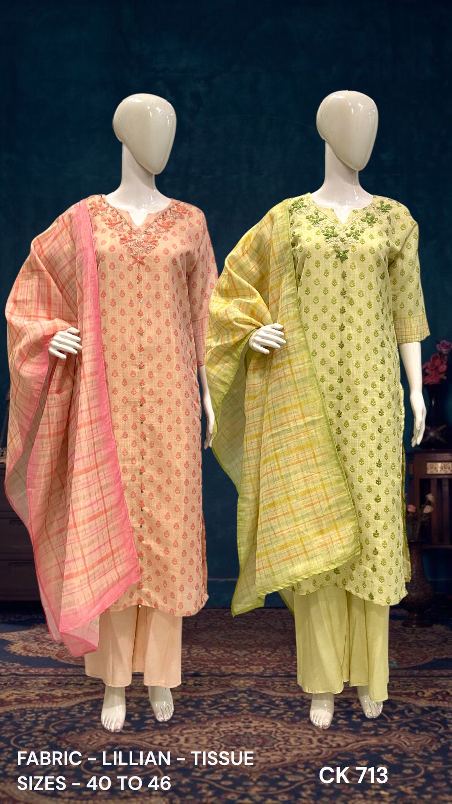 Printed Tissue Straight Kurta Pant Set with Dupatta