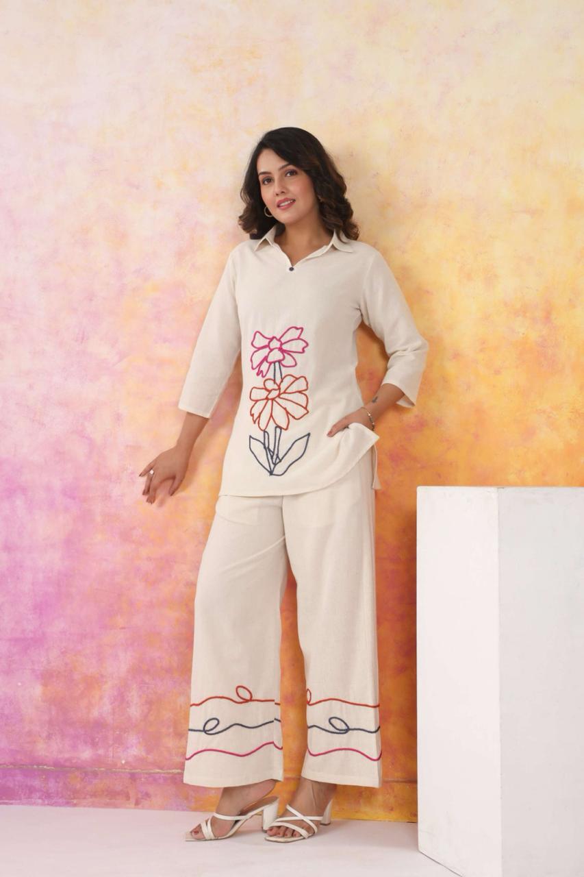 Floral Embroidered Cotton Collared Kurta Palazzo Set
