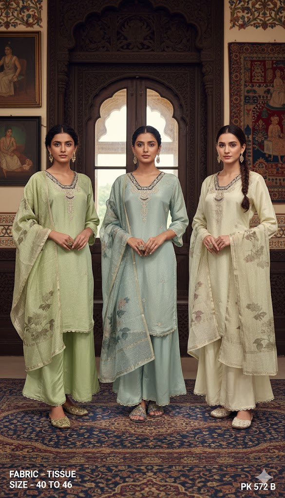 Embroidered Tissue Straight Kurta Palazzo Set with Dupatta