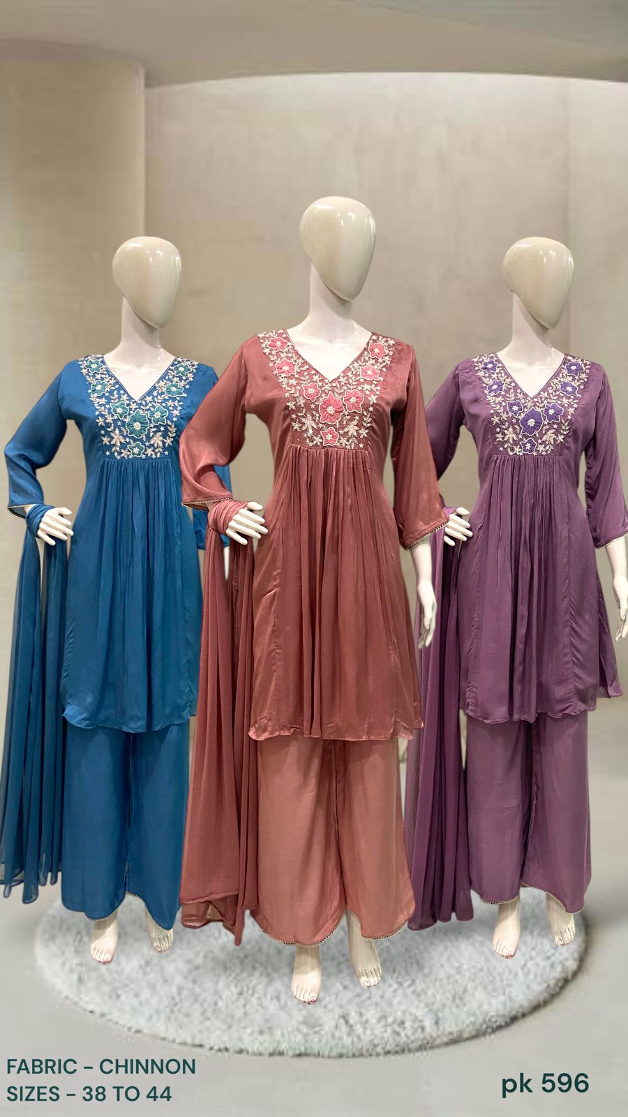Floral Embroidered Chinon Alia-Cut Kurta Set with Dupatta