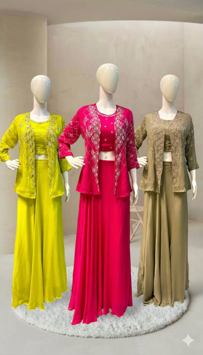 Sequin Embroidered Net Jacket Co-ord Set with Crop Top