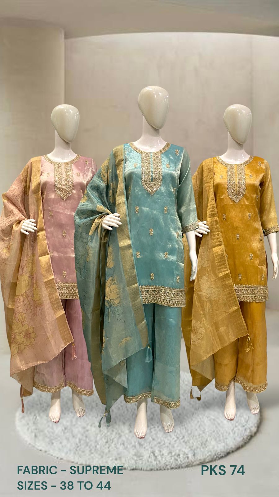 Embroidered Tissue Kurta Pant Set with Printed Stole
