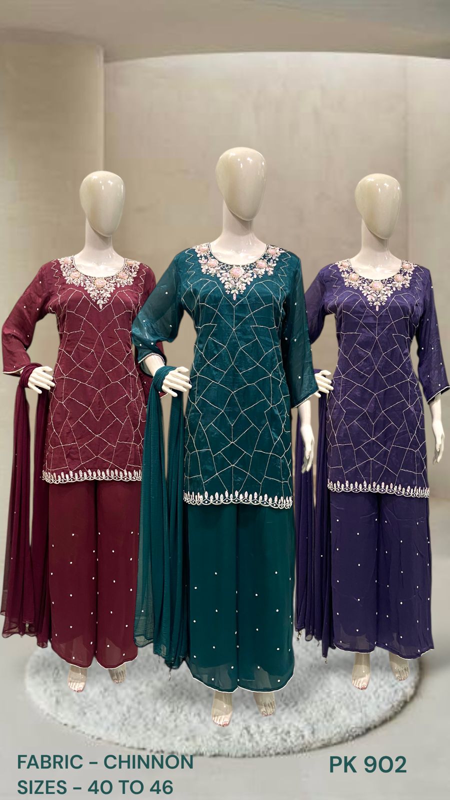 Embroidered Chinon Short Kurta Palazzo Set with Dupatta