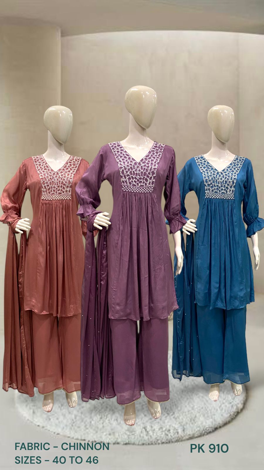 Embroidered Chinon Alia-Cut Kurta Palazzo Set with Dupatta