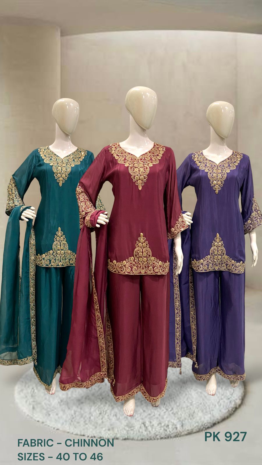 Zardozi Embroidered Chinon Kurta Palazzo Set with Dupatta
