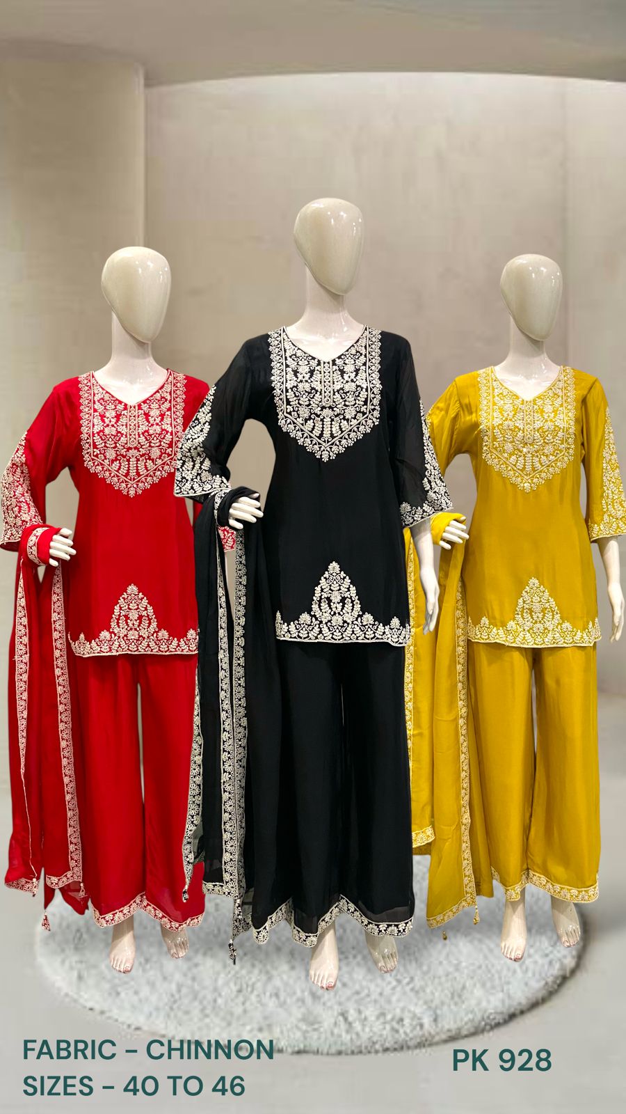 Contrast Embroidered Chinon Kurta Palazzo Set with Dupatta