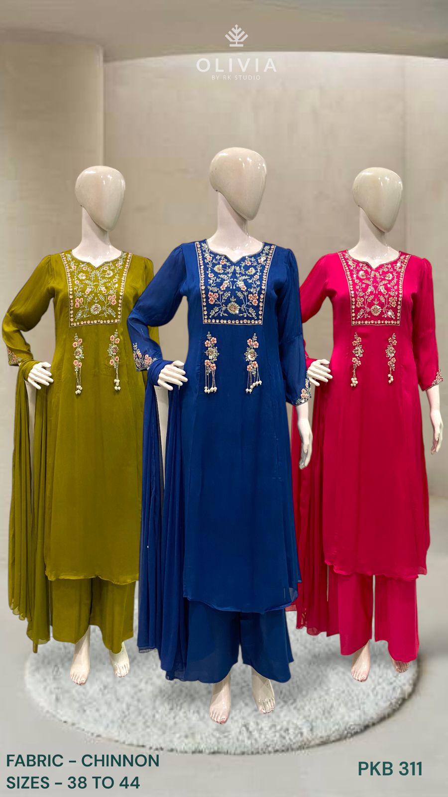 Floral Embroidered Chinon Kurta Palazzo Set with Dupatta