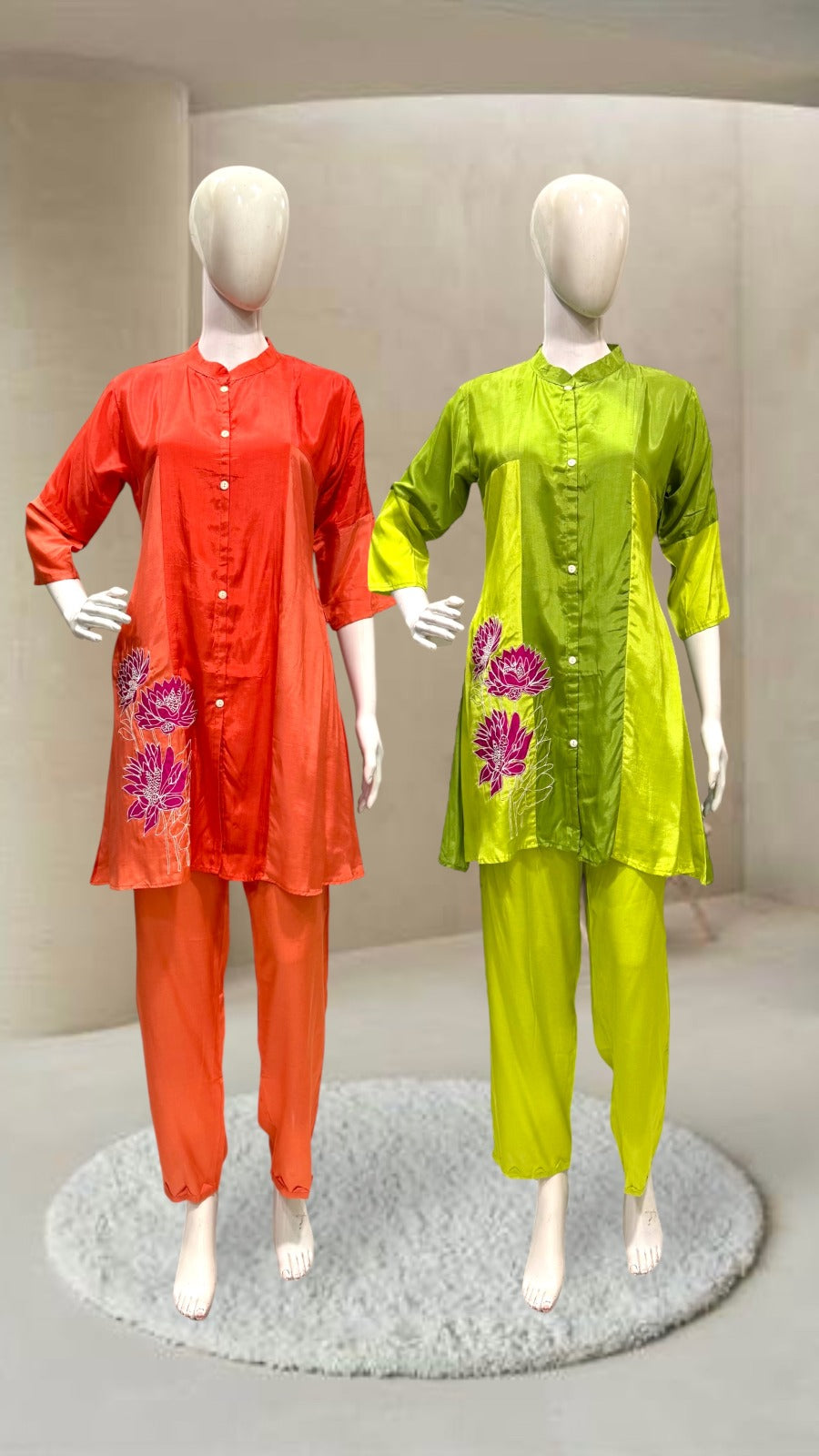 Lotus Embroidered Mandarin-Collar Kurta Pant Set