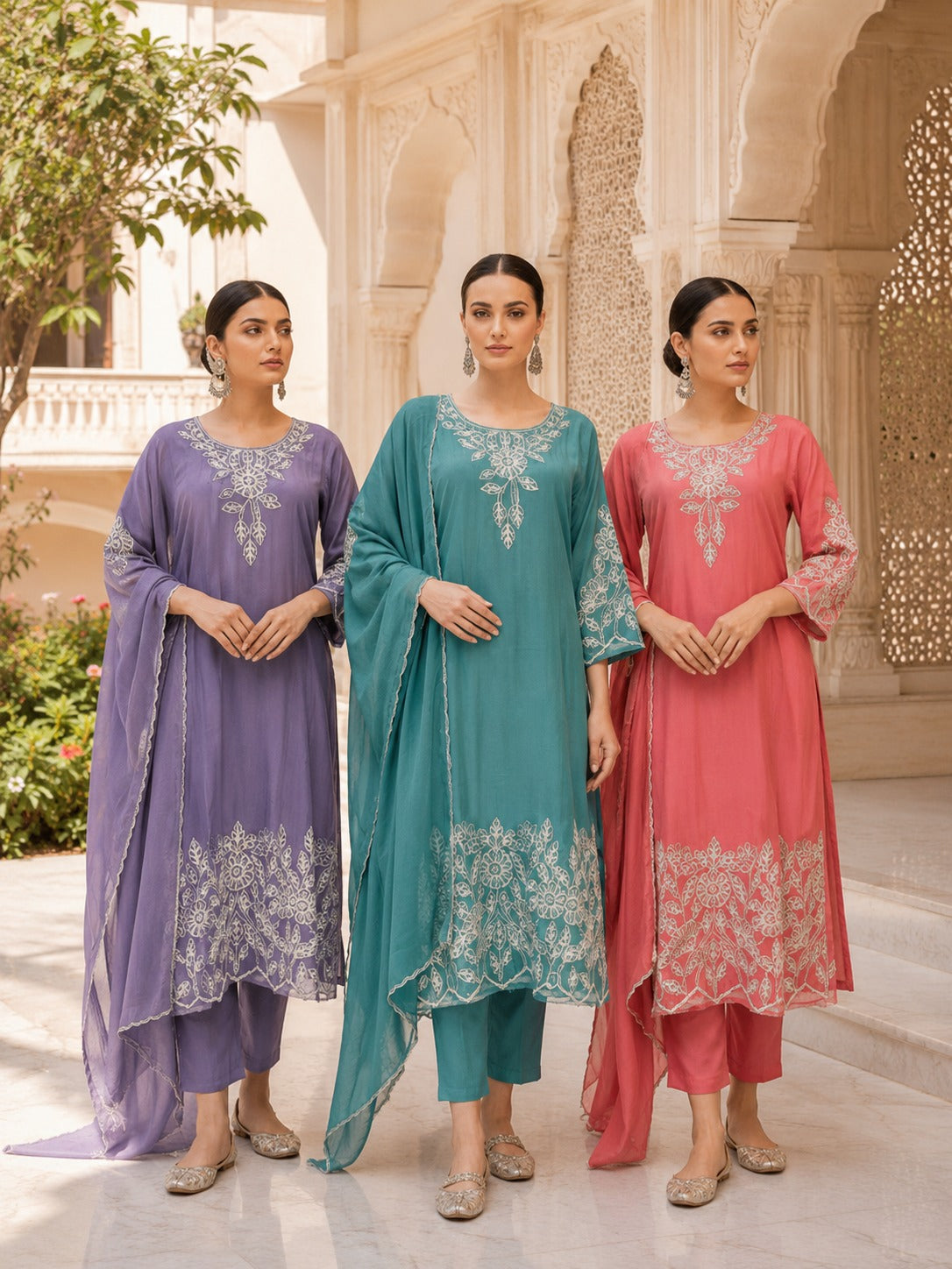 Embroidered Cotton Straight Kurta Pant Set with Dupatta