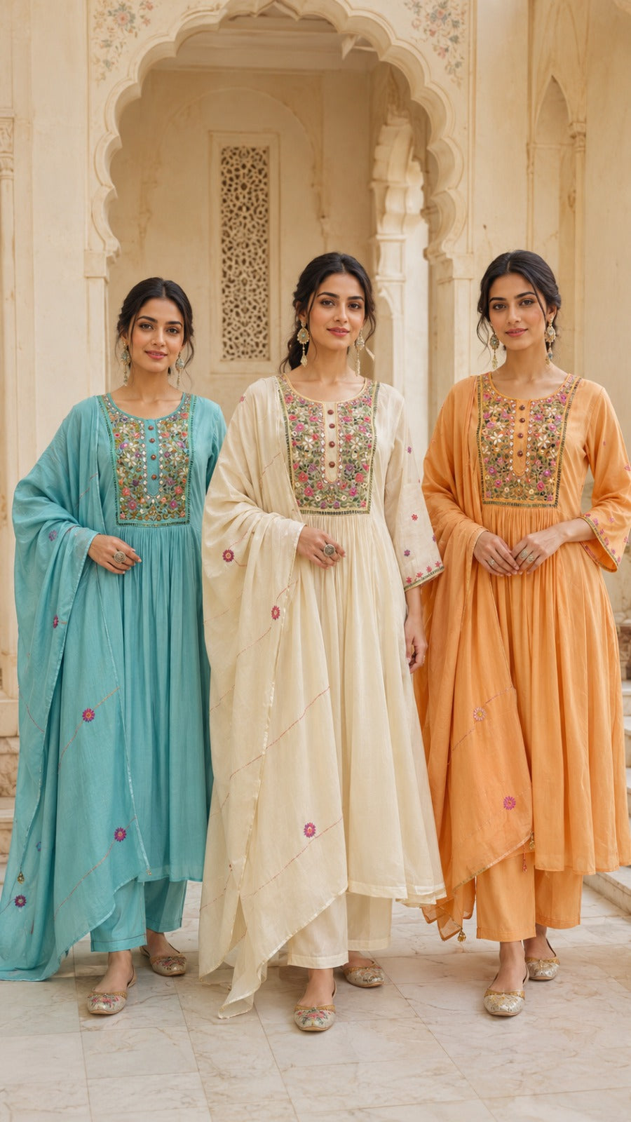 Floral Embroidered Cotton Alia-Cut Kurta Set with Dupatta