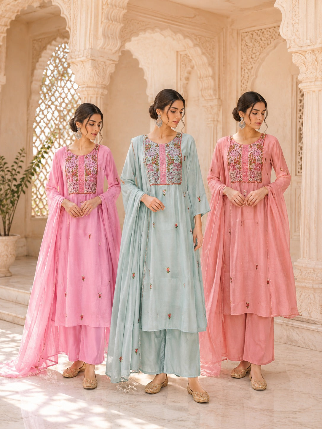 Floral Embroidered Cotton Straight Kurta Set with Dupatta