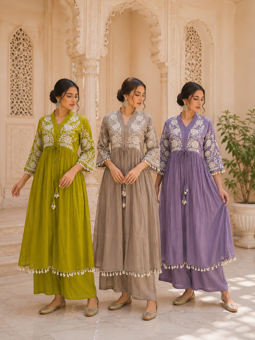 Embroidered Cotton Angrakha Flared Kurta with Tassel Hem