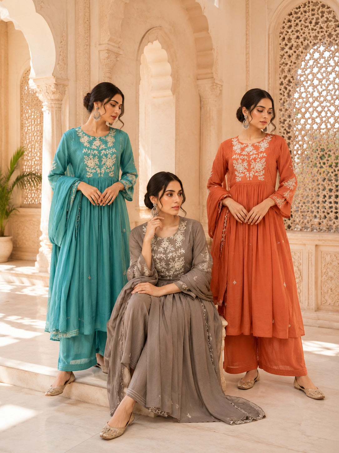 Floral Embroidered Cotton Alia-Cut Kurta Set with Dupatta