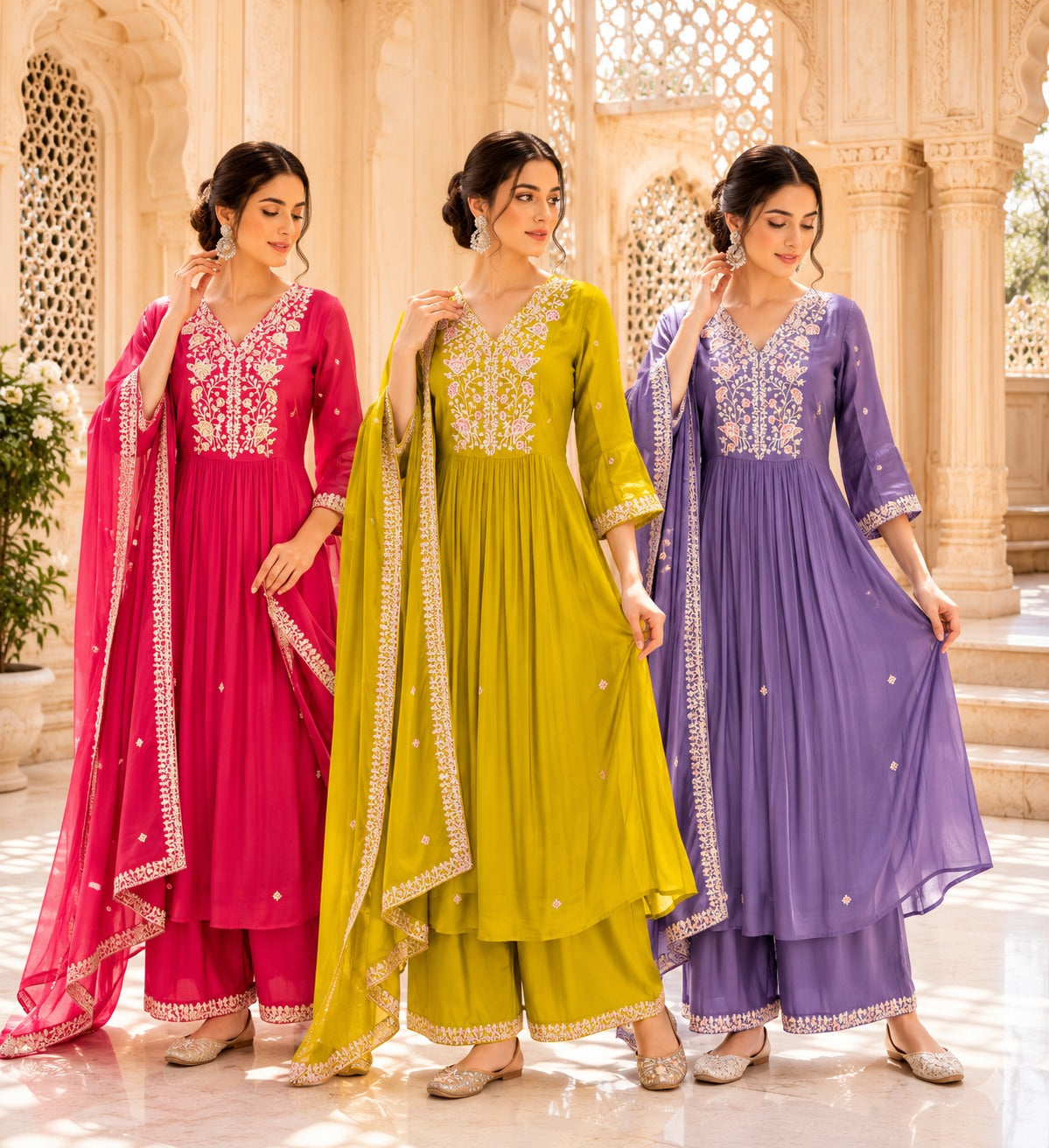 Embroidered Cotton Anarkali Kurta Set with Dupatta