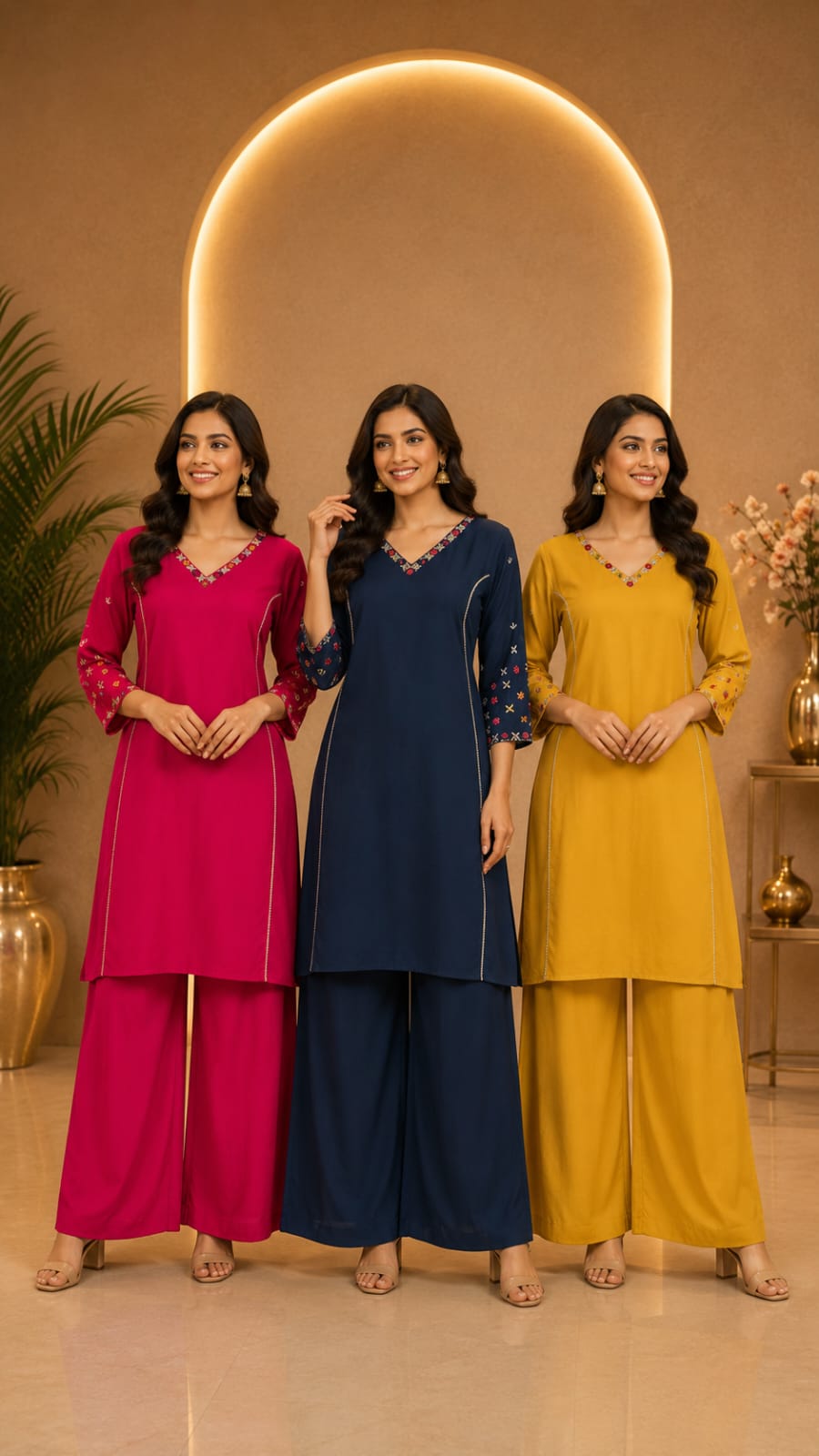 Embroidered Straight Kurta Palazzo Set with Floral Sleeves