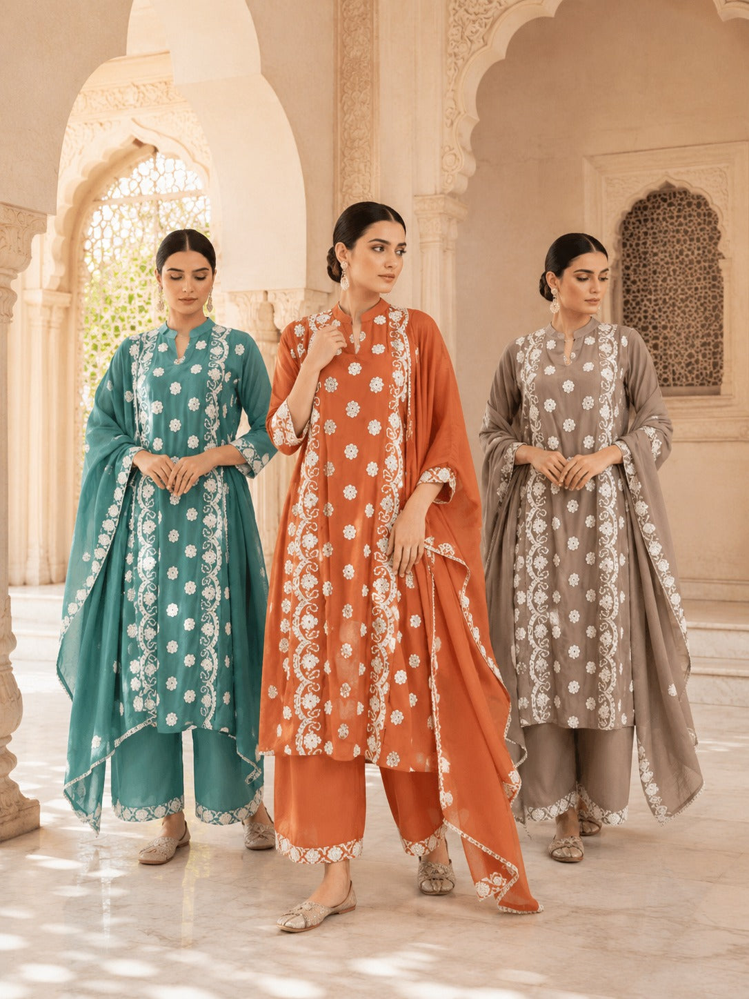 Floral Embroidered Cotton Kurta Palazzo Set with Dupatta