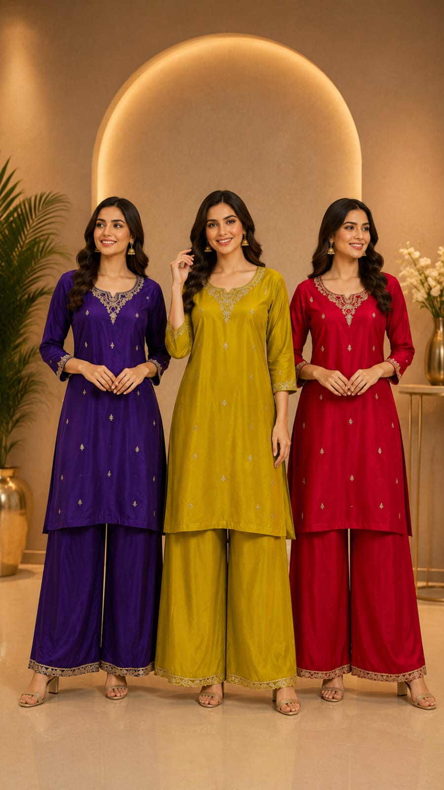 Embroidered Straight Kurta Palazzo Set with Embroidered Hem