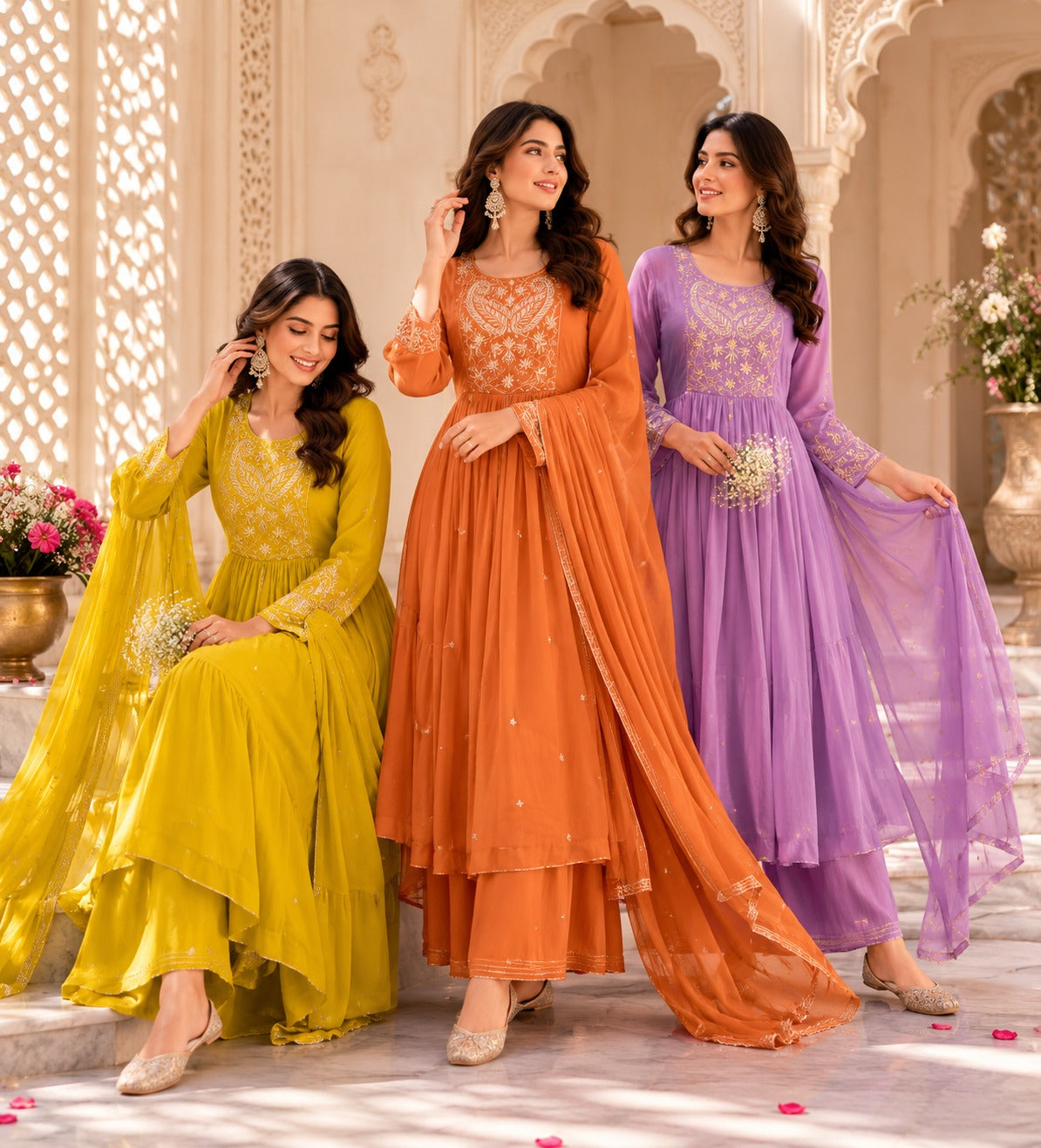 Embroidered Cotton Flared Anarkali Kurta Set with Dupatta