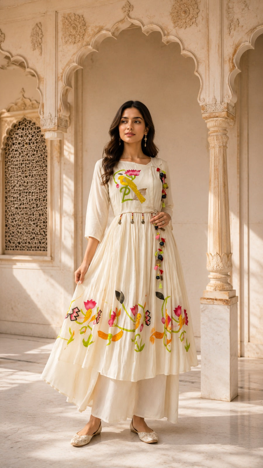 Parrot & Floral Painted Cotton Anarkali Kurta