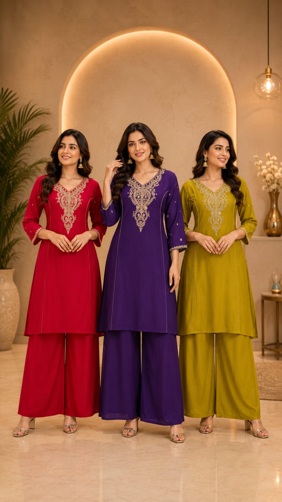 Embroidered Straight Kurta Palazzo Set with Front Placket Motif