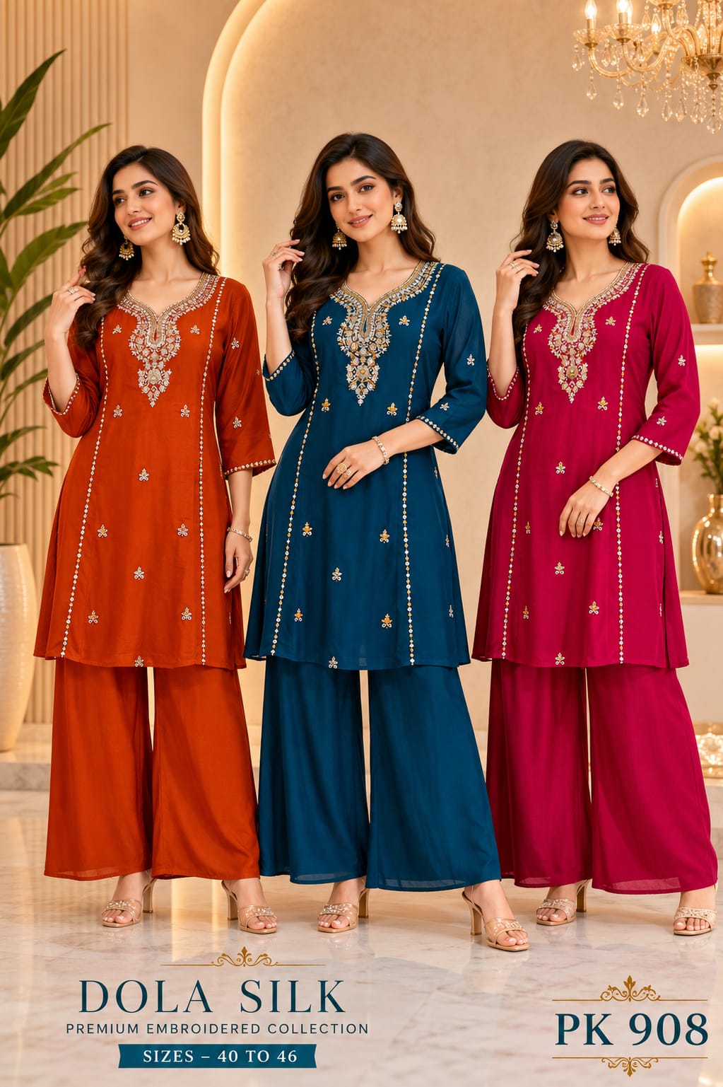 Embroidered Dola Silk Short Kurta Palazzo Set with Buti
