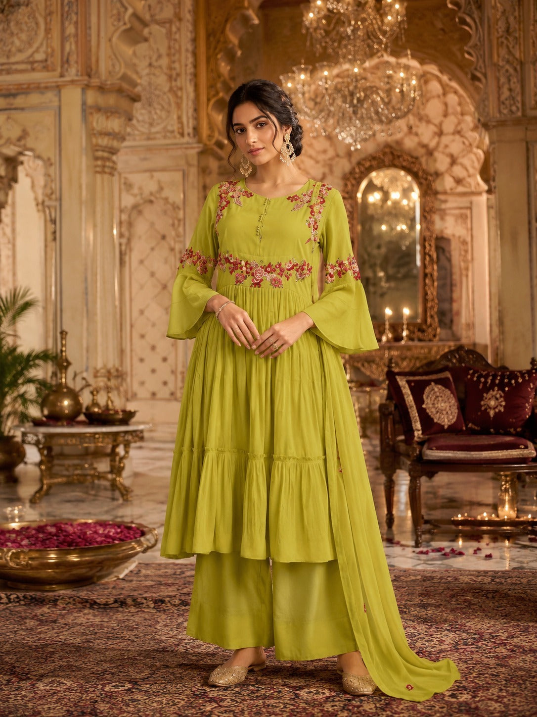 Floral Embroidered Cotton Tiered Kurta Set with Dupatta