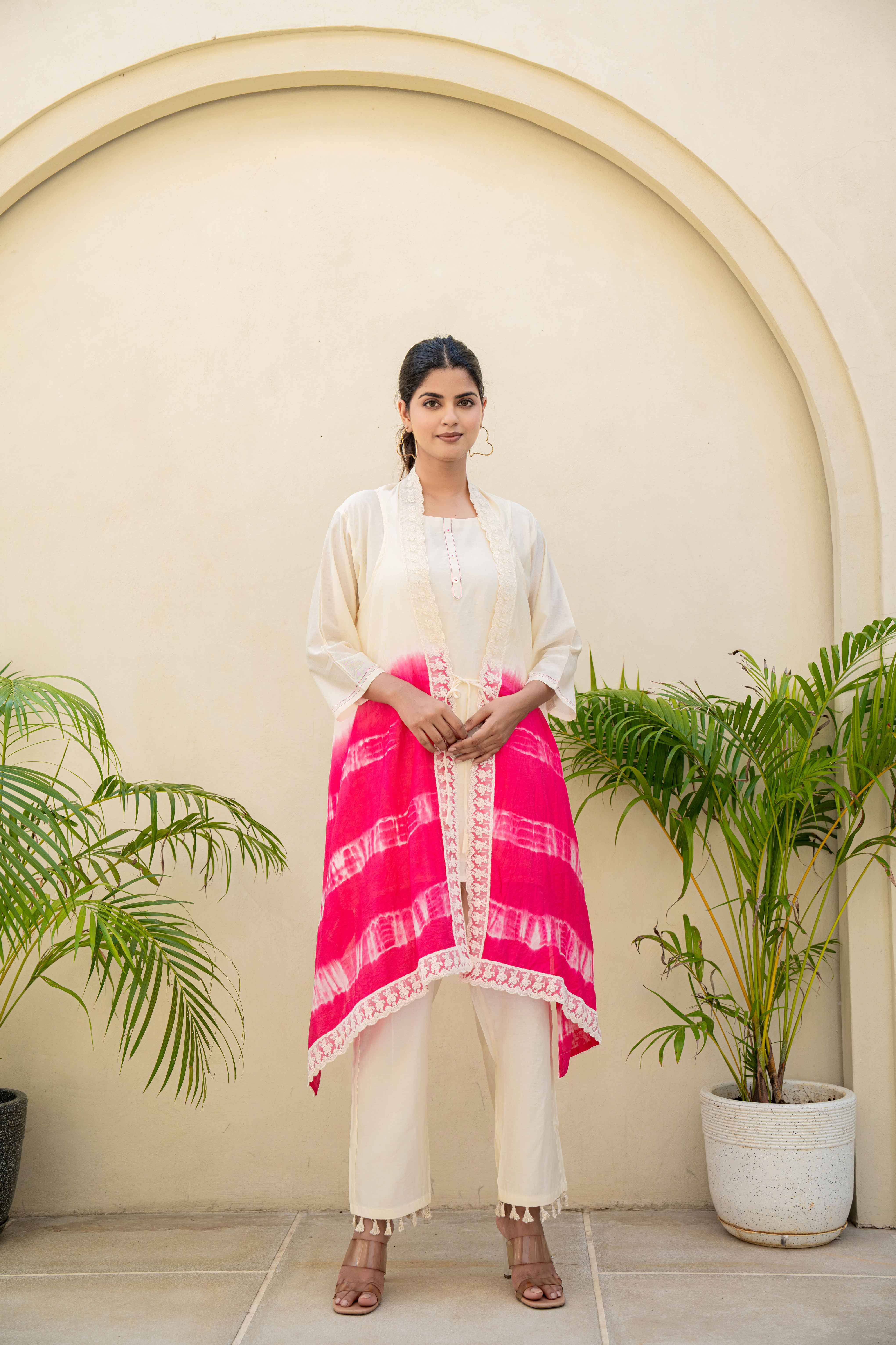Elegant Ivory and Pink Ombre Kurti Set with Lace Detailing front view


