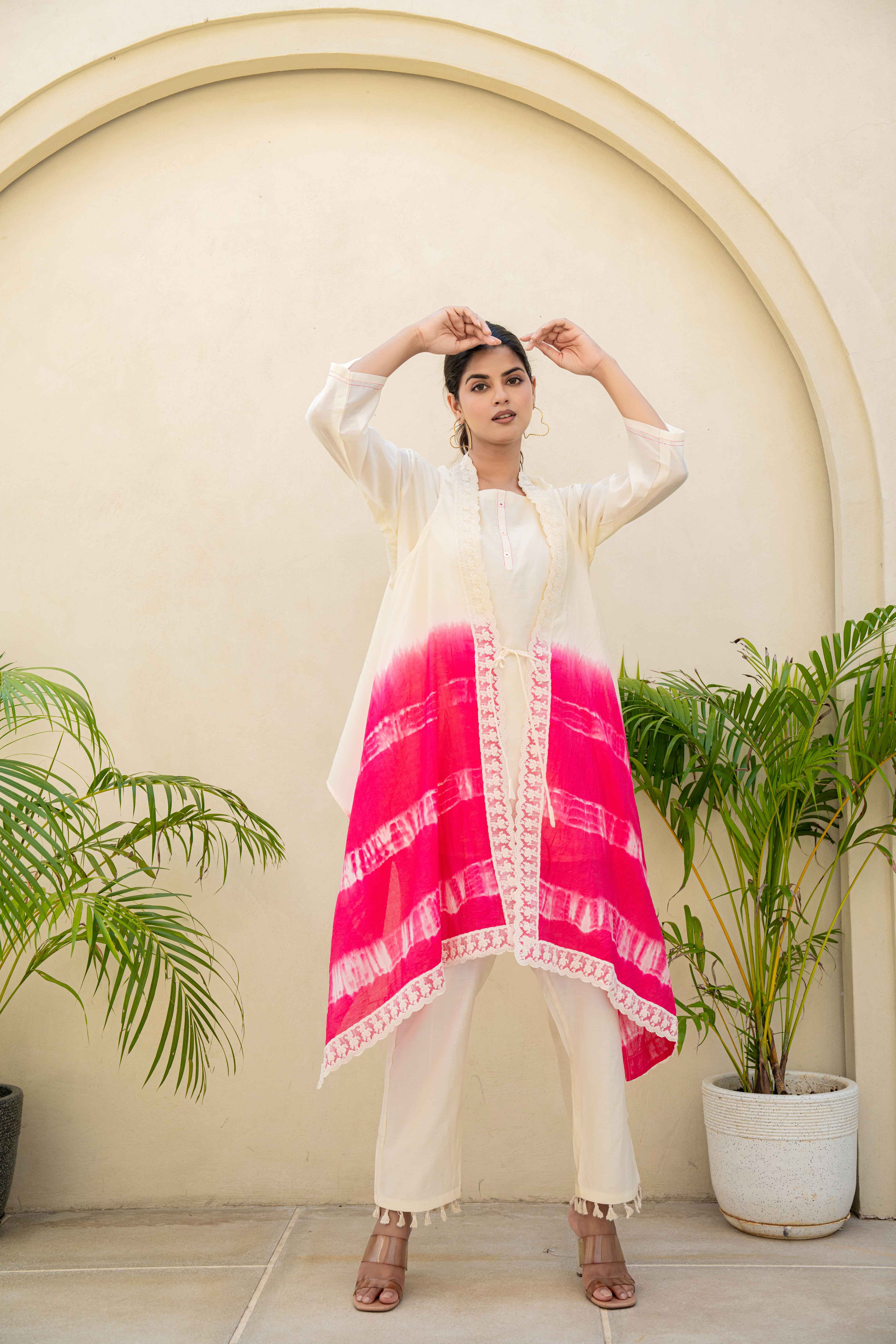 Elegant Ivory and Pink Ombre Kurti Set with Lace Detailing top and bottom view

