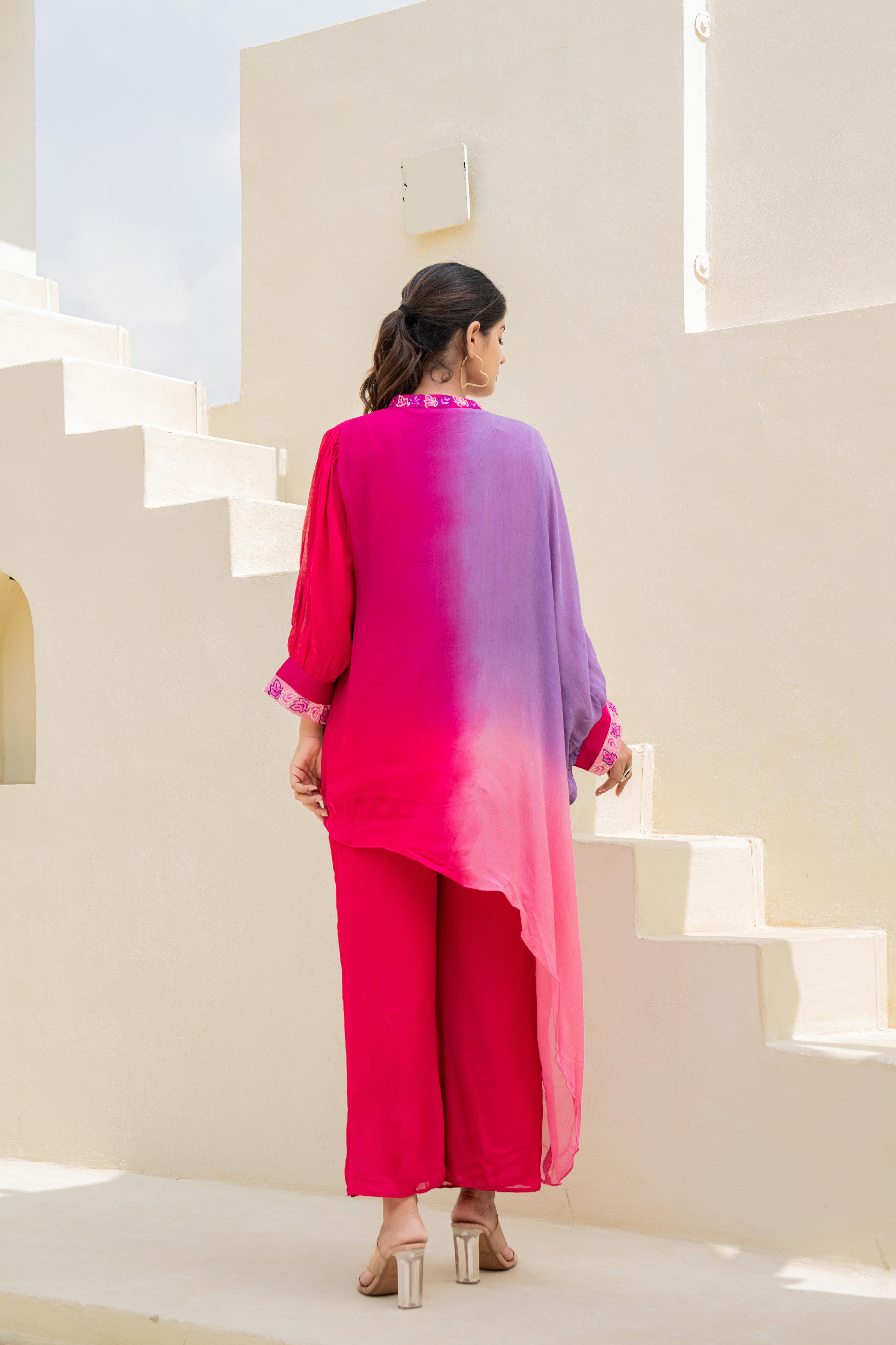 Pink & Purple Ombre Indo-Western Co-ord Set with Embroidered Detailing | Barjatiya Fashions