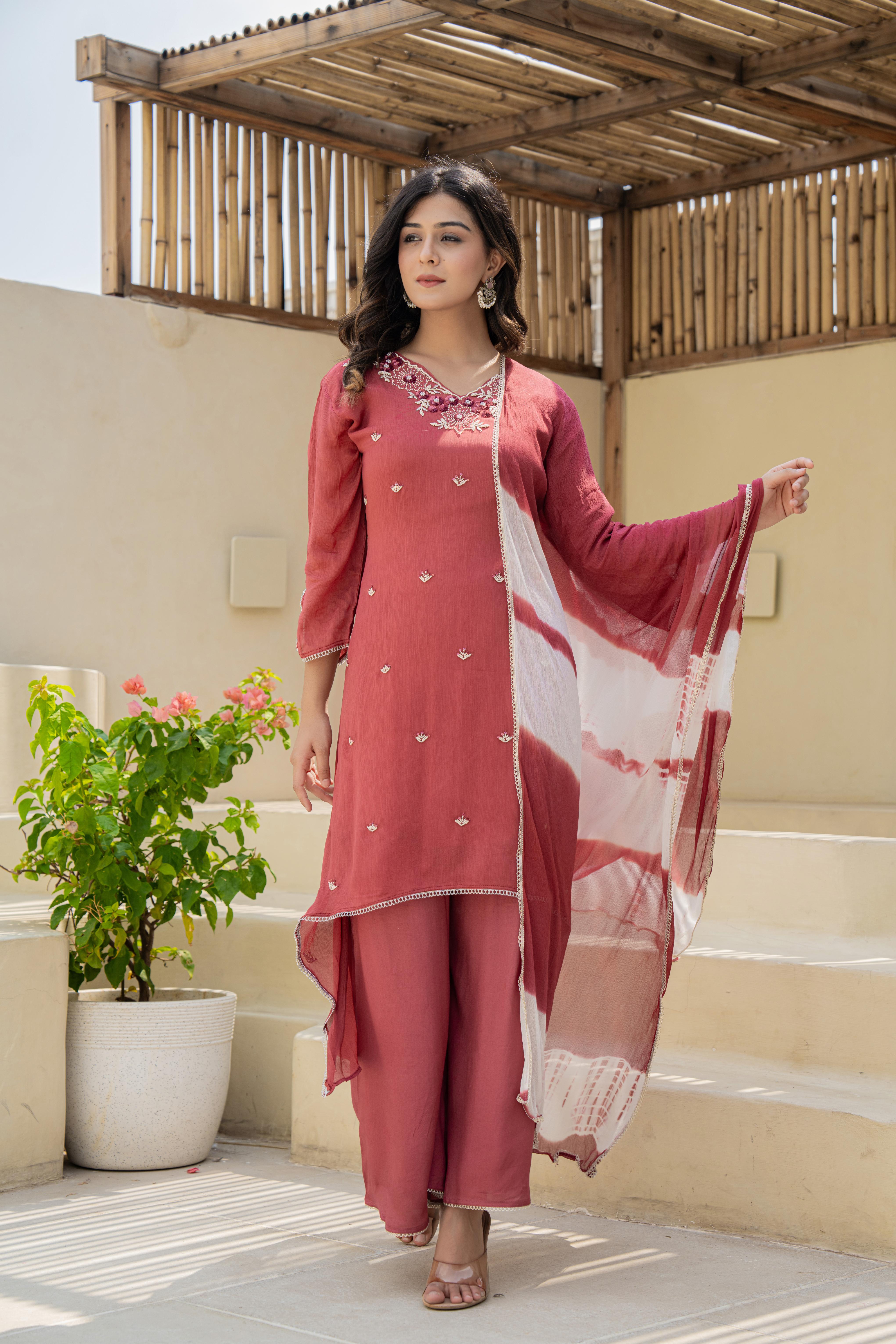 Rust Embroidered High-Low A-Line Kurti Set with Dupatta | House of Olivia front view

