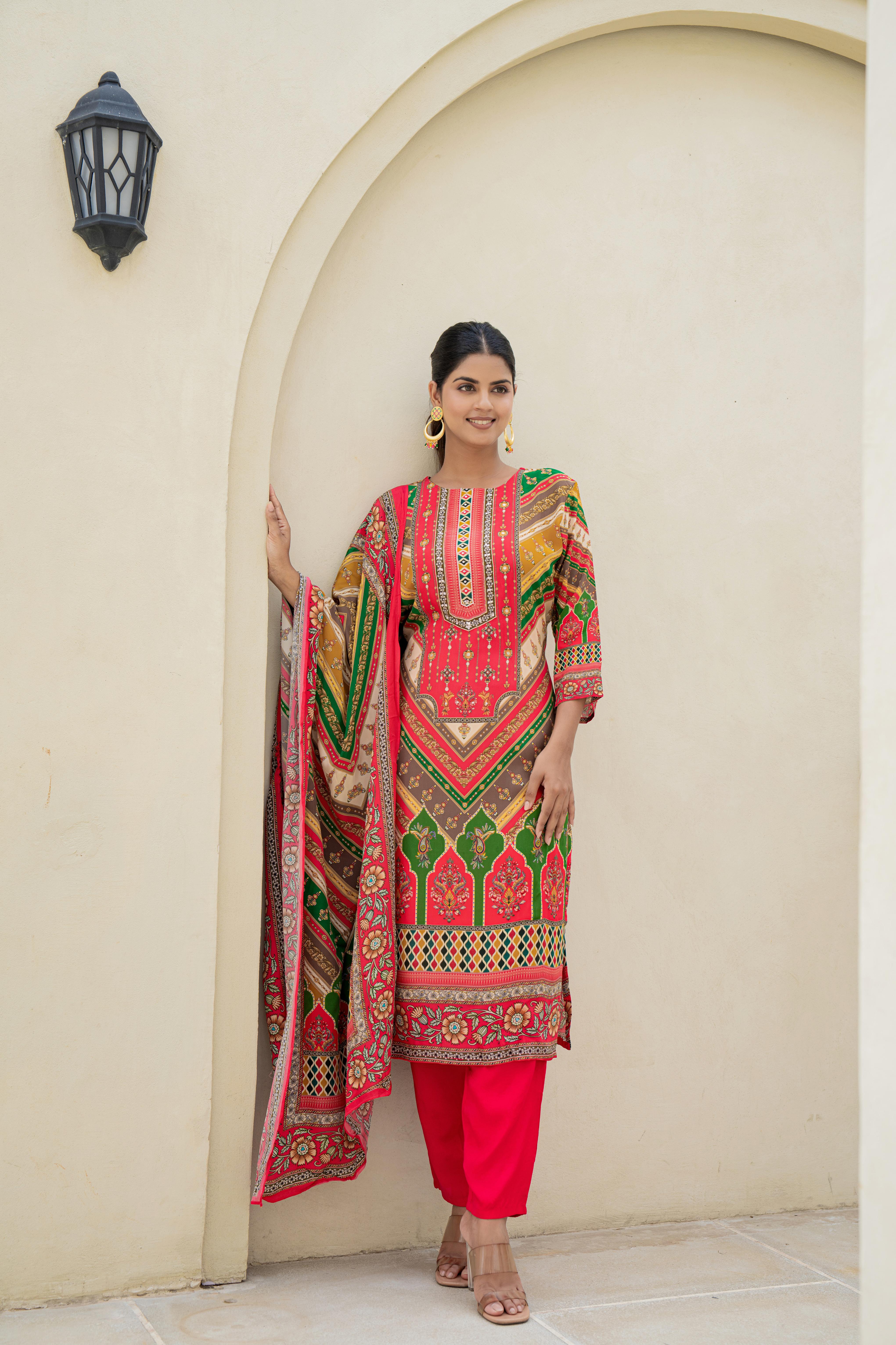 Multicolor Printed Kurti Set with Intricate Detailing and Dupatta | House of Olivia front view

