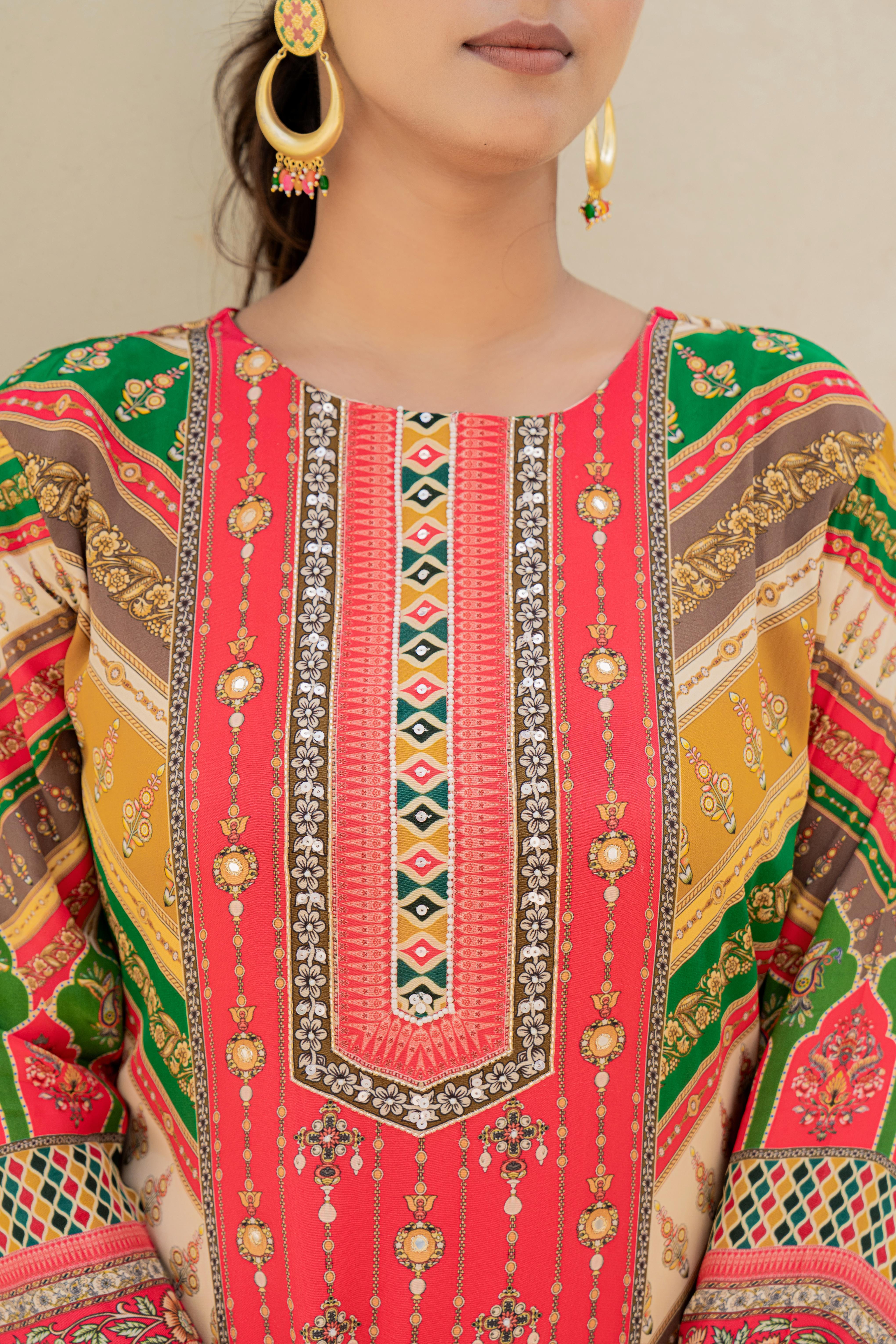 Multicolor Printed Kurti Set with Intricate Detailing and Dupatta | House of Olivia neckline view

