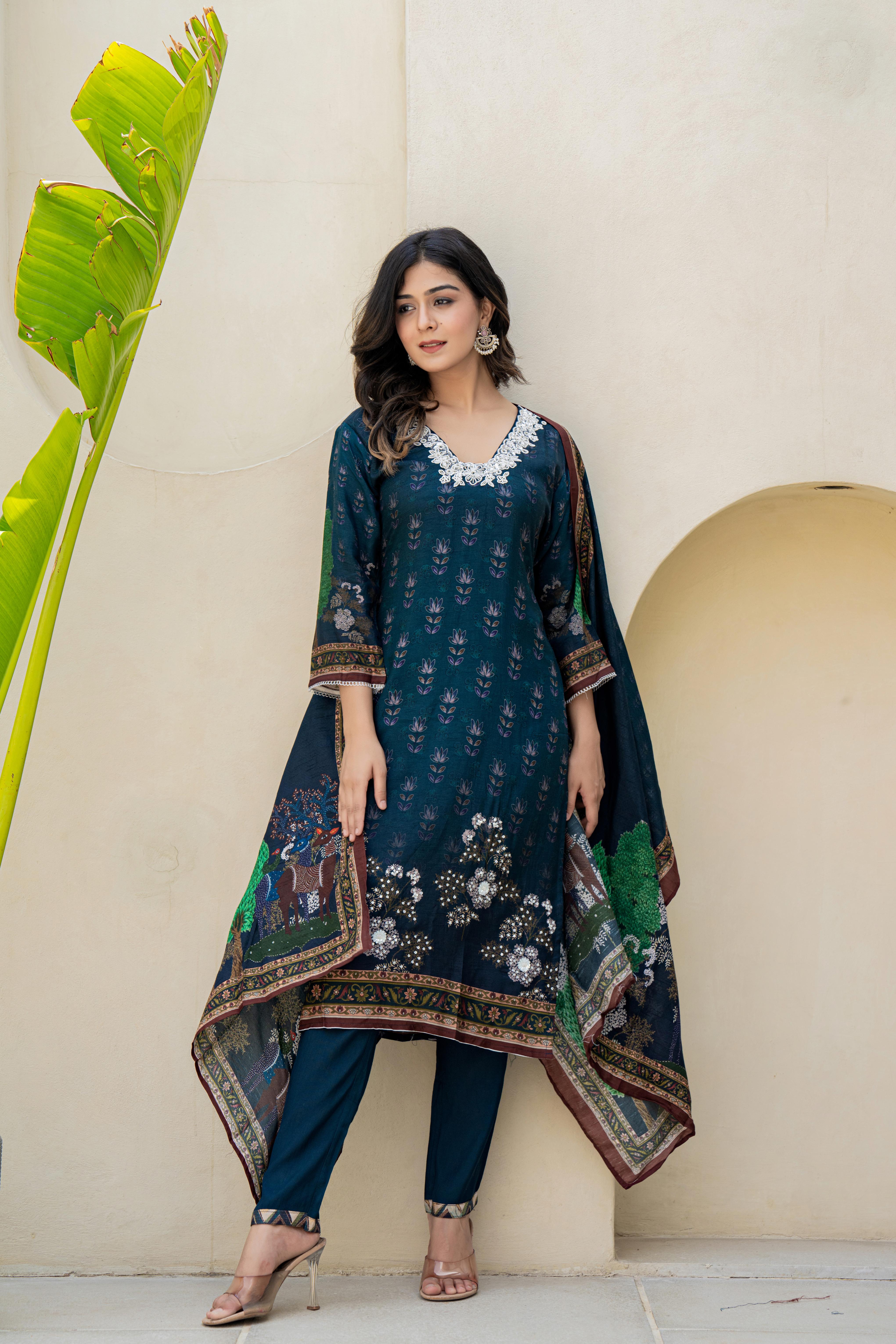 Navy Blue Embroidered Kurti Set with Scenic Dupatta | House of Olivia top view

