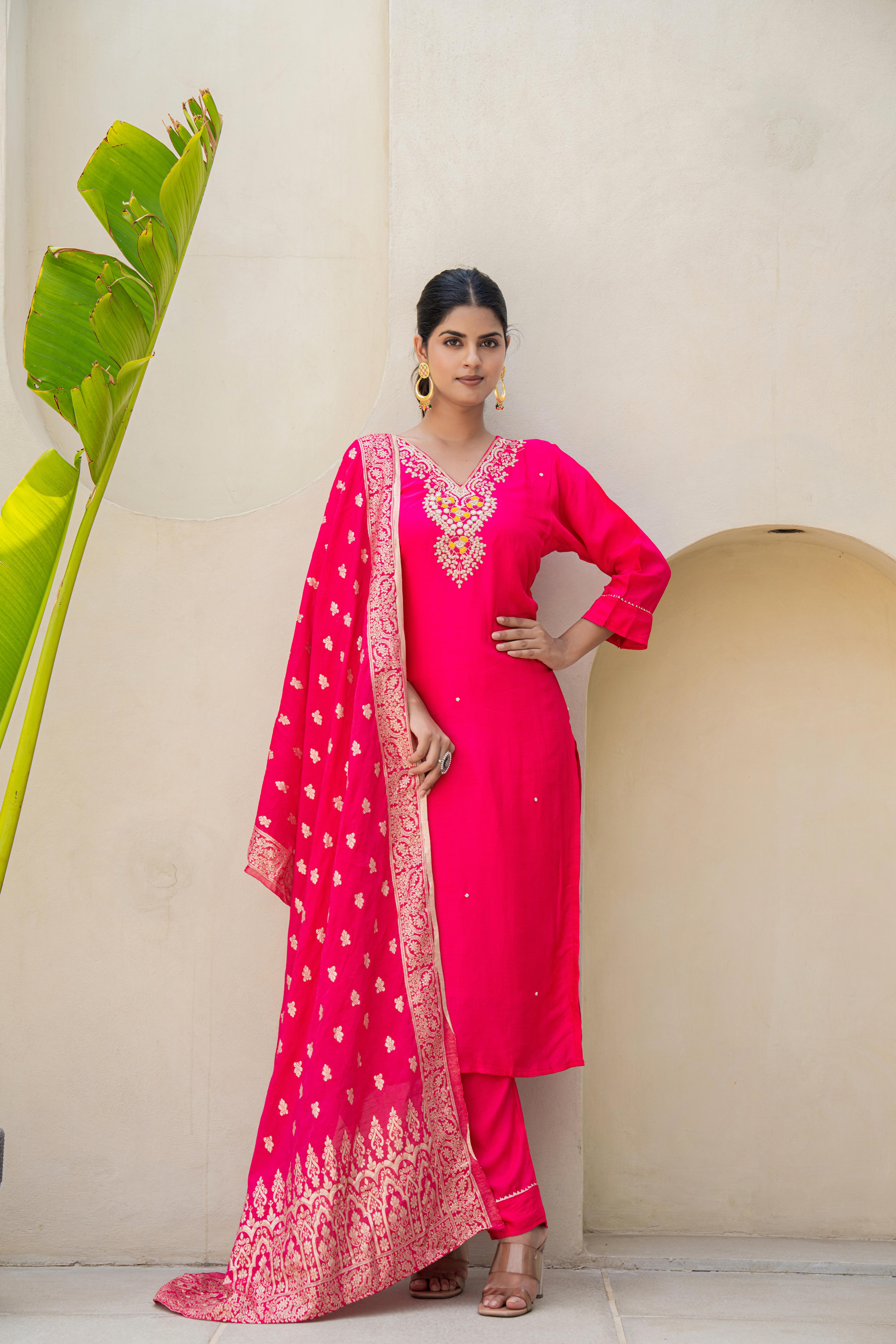 Fuchsia Pink Embroidered Kurti Set with Dupatta | House of Olivia front view

