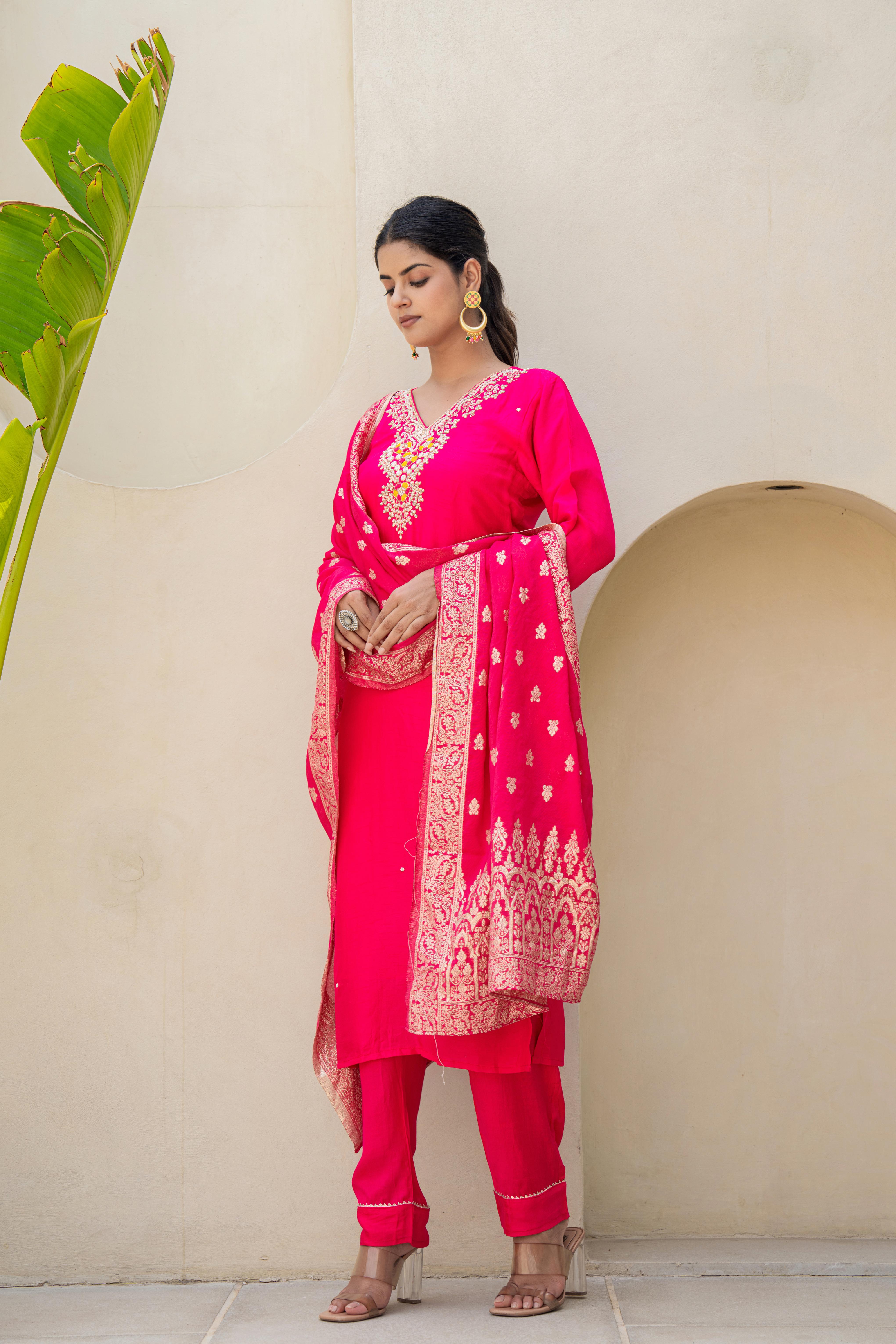 Fuchsia Pink Embroidered Kurti Set with Dupatta | House of Olivia side view

